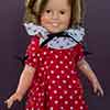 Composition Shirley Temple 1972 17 inch vinyl doll wearing Danbury Mint Baby Take A Bow dress up outfit